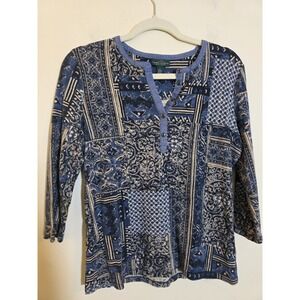 Lauren Jeans Co. Ralph Lauren Size Large Cotton Blue Print 3/4 Sleeve Top Boho